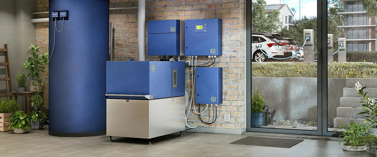 Blockheizkraftwerk von EC Power mit Pufferspeicher im Technikraum